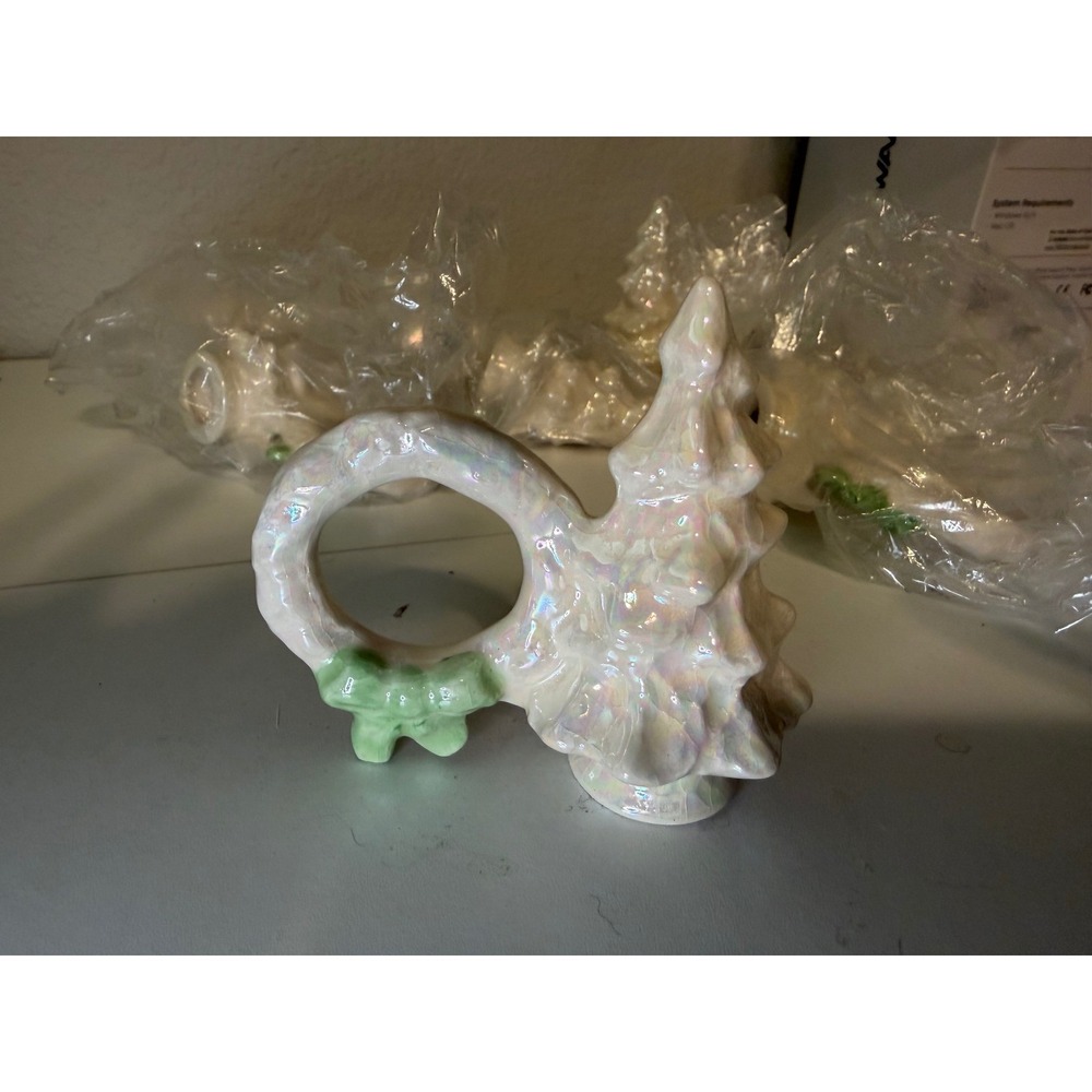 Set of 8 Iridescent Ceramic Christmas Tree and Wreath Napkin Rings White Green